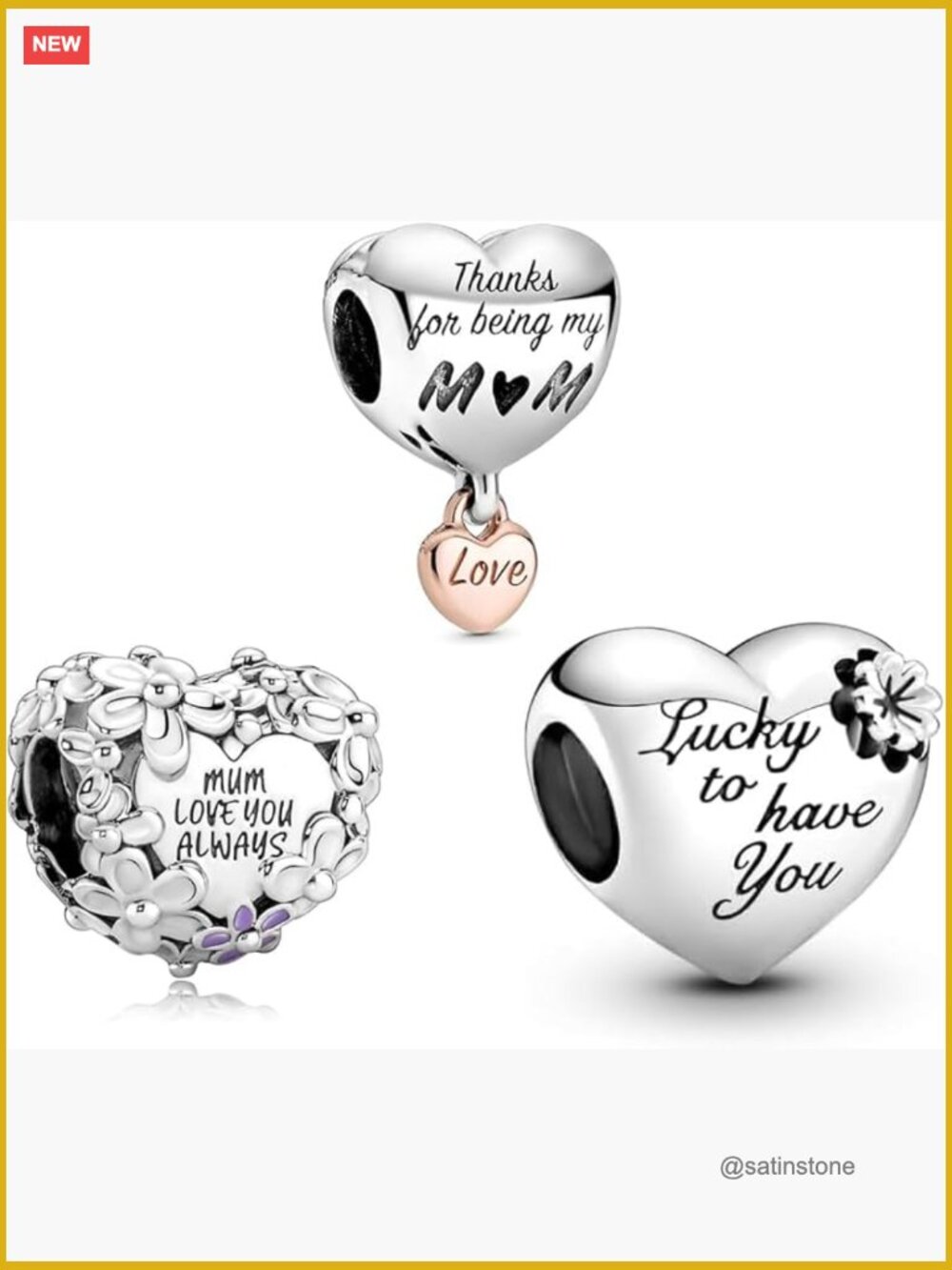 Charms for Bracelets Love Mom Heart Flowers Pendant Tags Sterling Silver Cubic